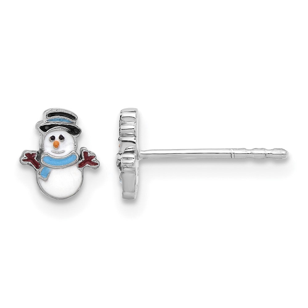 Sterling Silver Rhodium-plated Enameled Snowman Petite Post Earrings