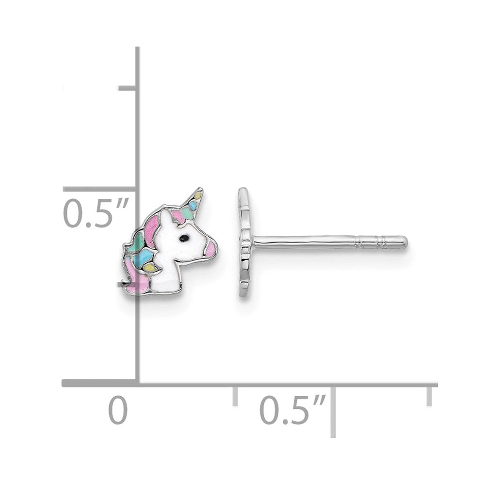 Sterling Silver Rhodium-plated Enameled Unicorn Children's Post Earrings