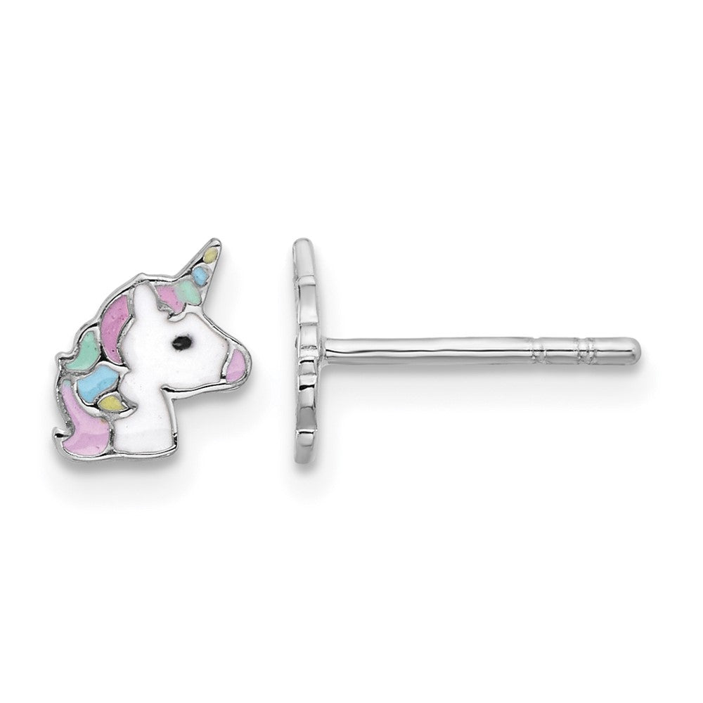 Sterling Silver Rhodium-plated Enameled Unicorn Post Earrings