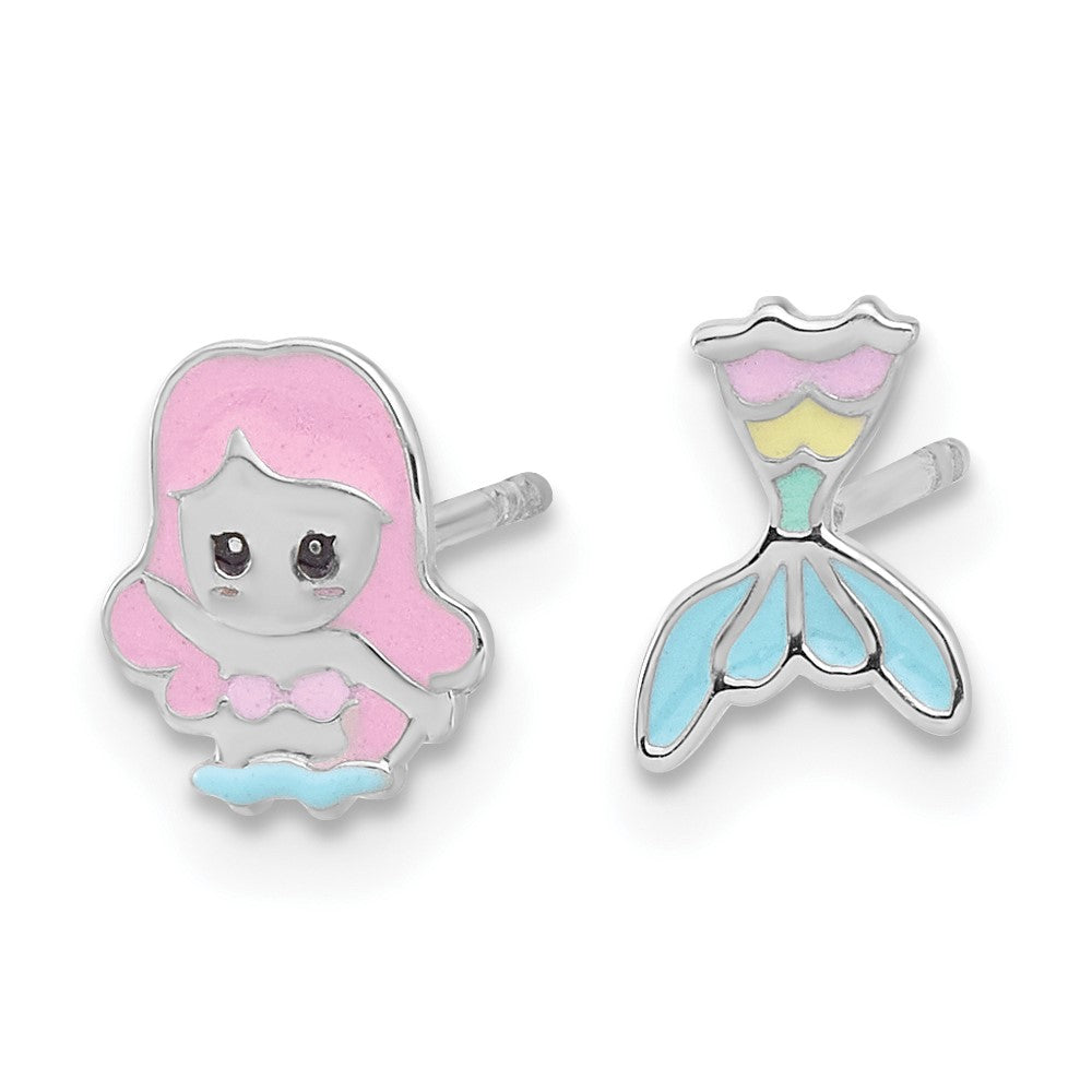 Sterling Silver RH-pltd Multicolor Enamel Mermaid Petite Post Earrings