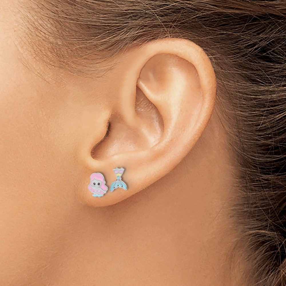 Sterling Silver RH-pltd Multicolor Enamel Mermaid Petite Post Earrings