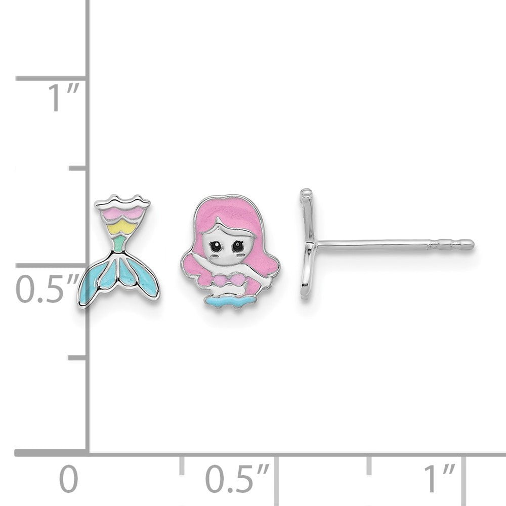 Sterling Silver RH-pltd Multicolor Enamel Mermaid Petite Post Earrings