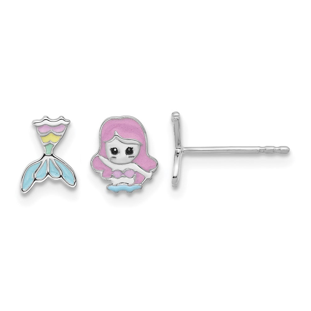 Sterling Silver RH-pltd Multicolor Enamel Mermaid Petite Post Earrings