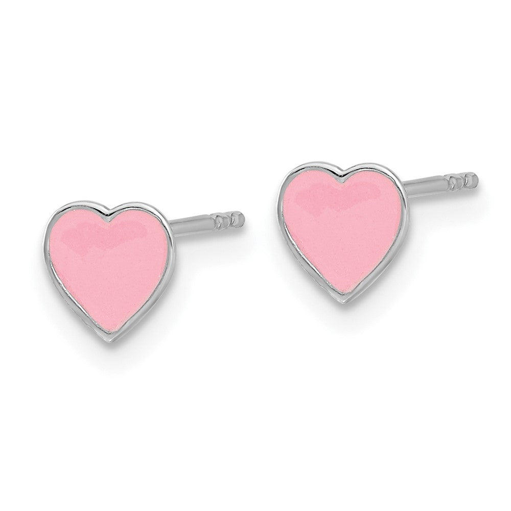Sterling Silver Rhodium-plated Enameled Pink Heart Petite Post Earrings