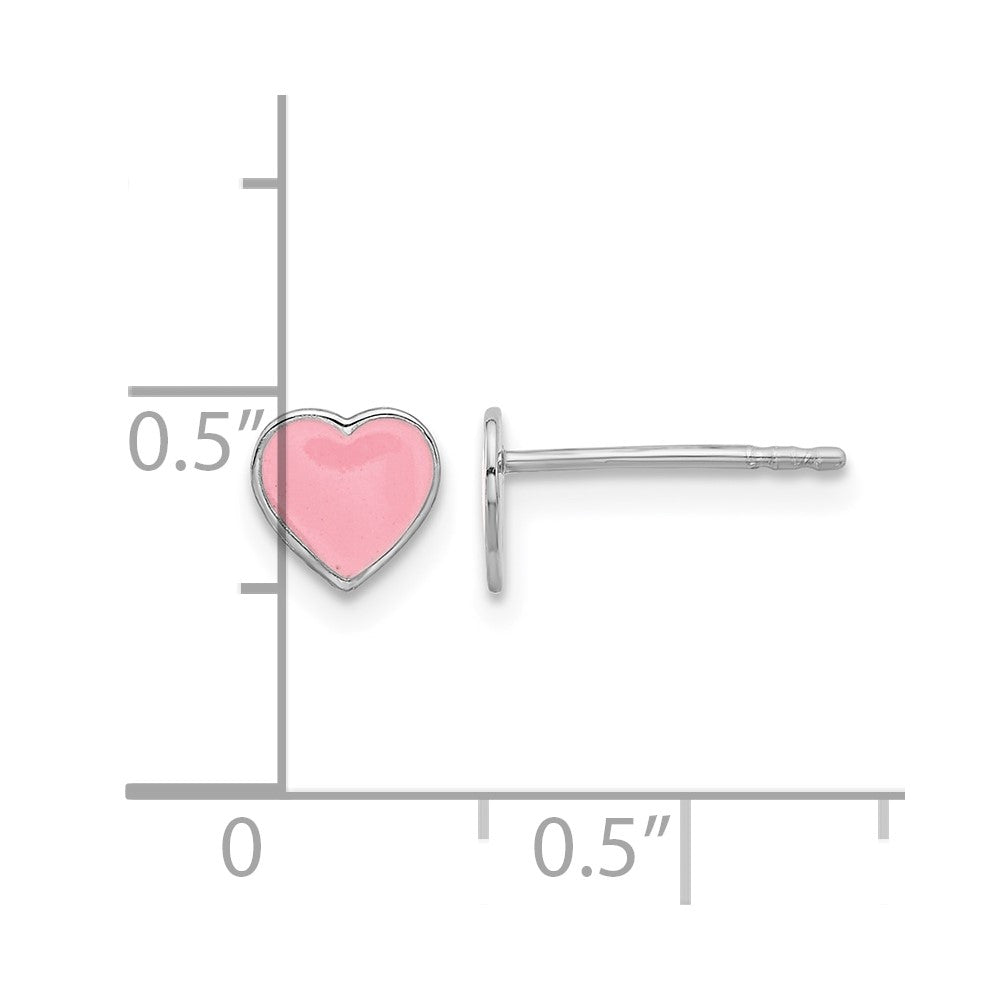 Sterling Silver Rhodium-plated Enameled Pink Heart Petite Post Earrings