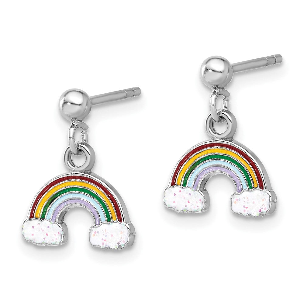 Sterling Silver RH-plated Enameled Glitter Rainbow Post Dangle Earrings
