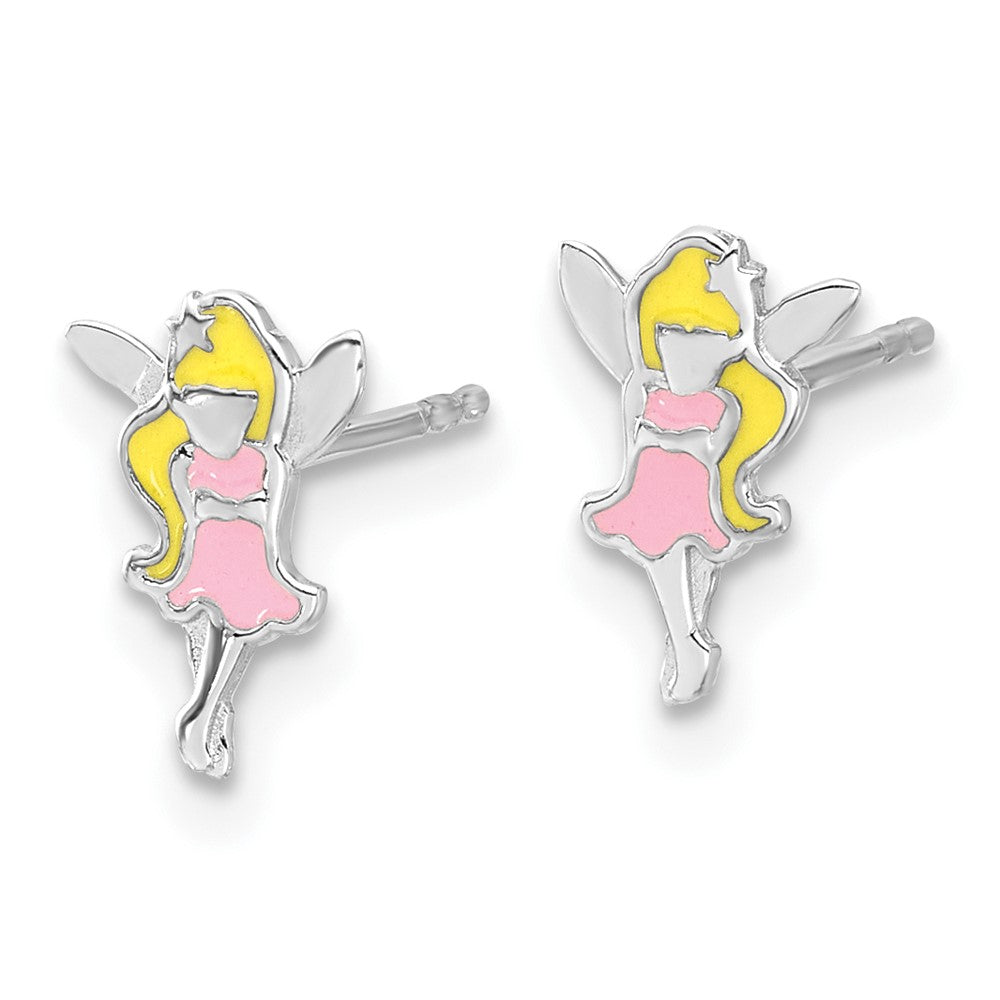 Sterling Silver RH-plated Multi-color Enamel Fairy Post Earrings