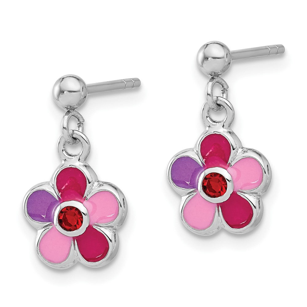 Sterling Silver RH-plated Enameled Red Crystal Flower Post Dangle Earrings