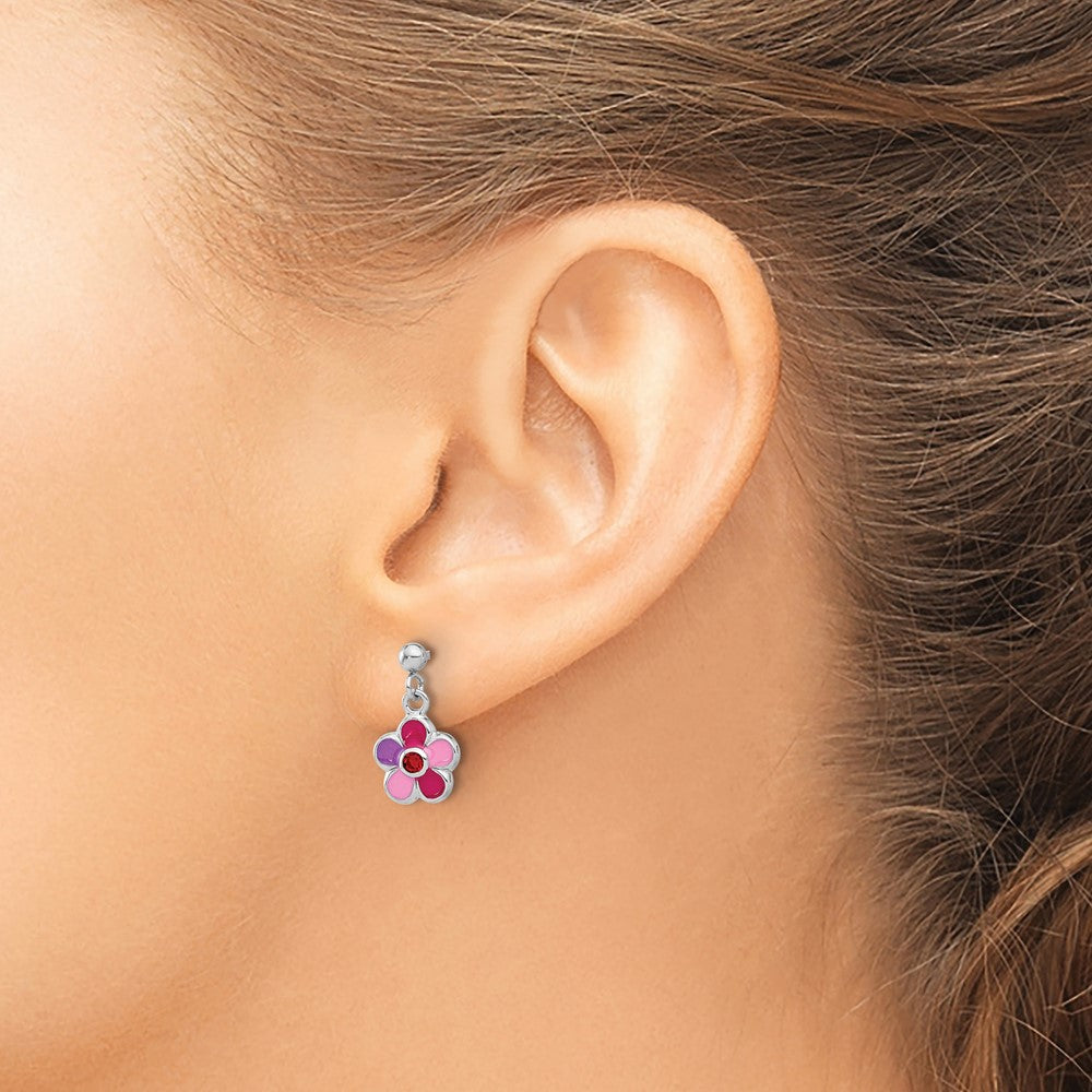 Sterling Silver RH-plated Enameled Red Crystal Flower Post Dangle Earrings