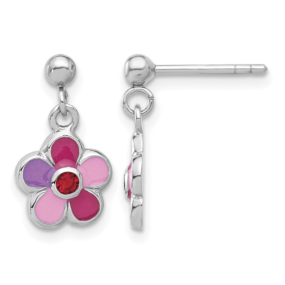 Sterling Silver RH-plated Enameled Red Crystal Flower Post Dangle Earrings