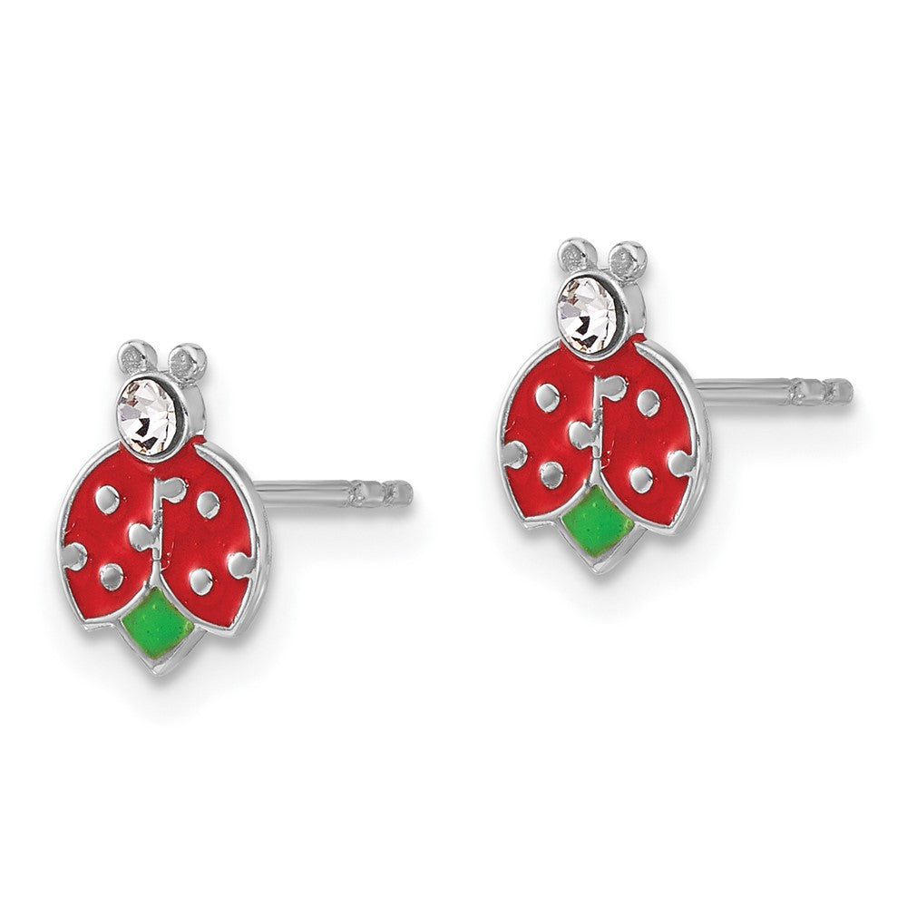Sterling Silver RH-plated Enamel & Crystal Ladybug Children's Post Earrings