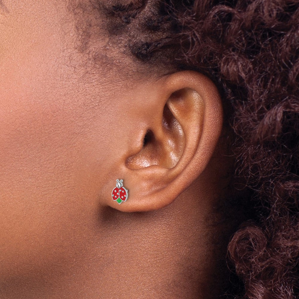Sterling Silver RH-plated Enamel & Crystal Ladybug Children's Post Earrings