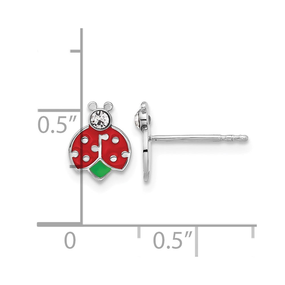 Sterling Silver RH-plated Enamel & Crystal Ladybug Children's Post Earrings