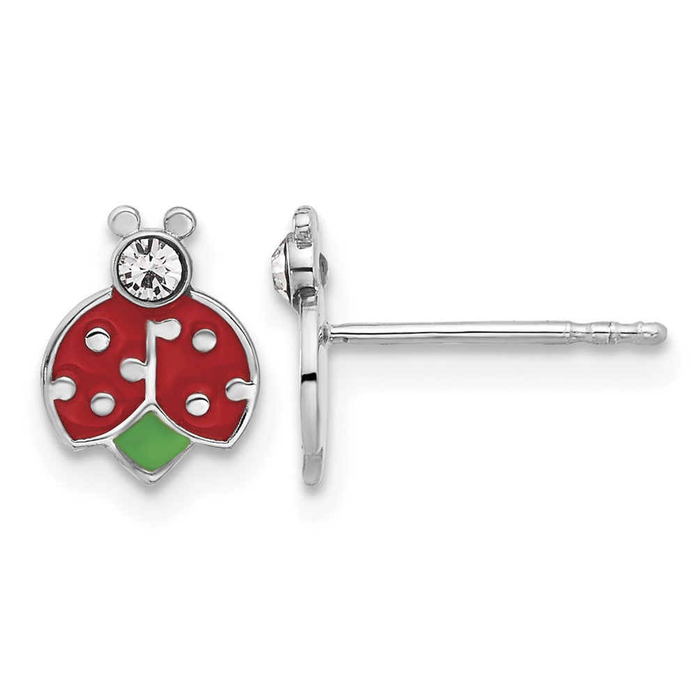 Sterling Silver RH-plated Enamel & Crystal Ladybug Children's Post Earrings