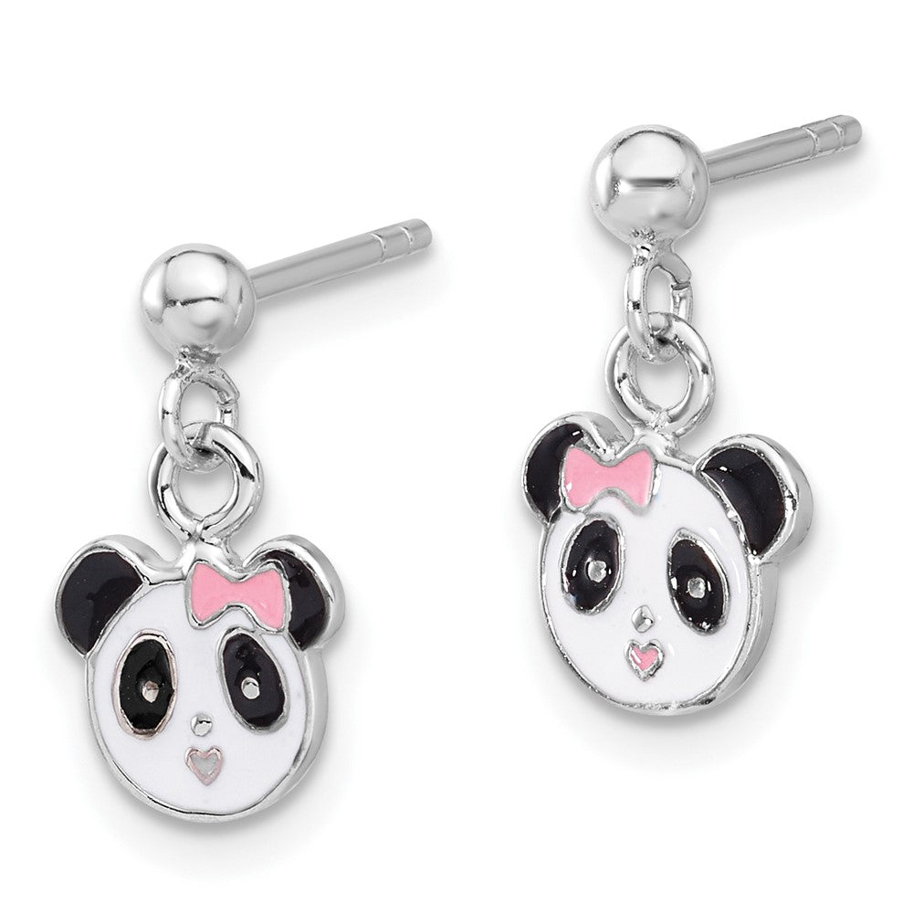 Sterling Silver RH-plated Enameled Panda Post Dangle Earrings