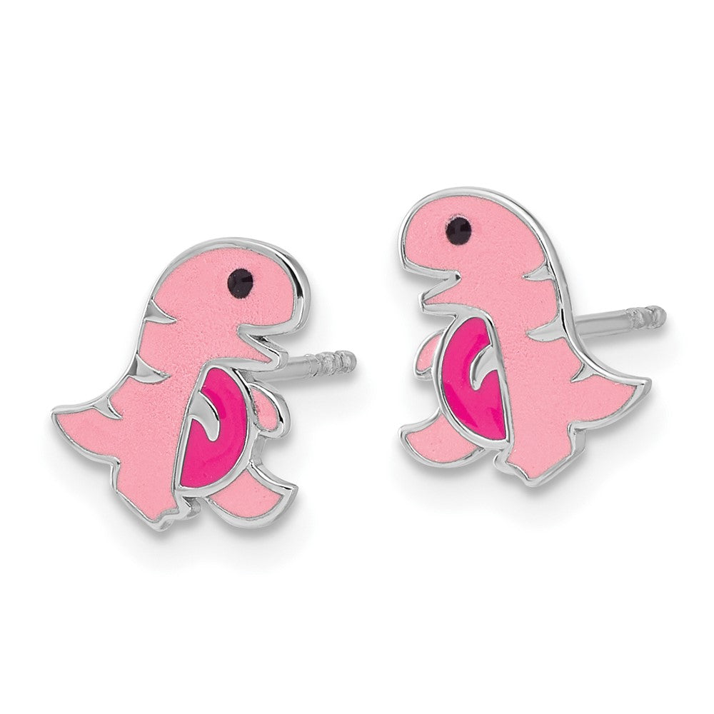 Sterling Silver Rhodium-plated Pink Enamel Dinosaur Post Earrings
