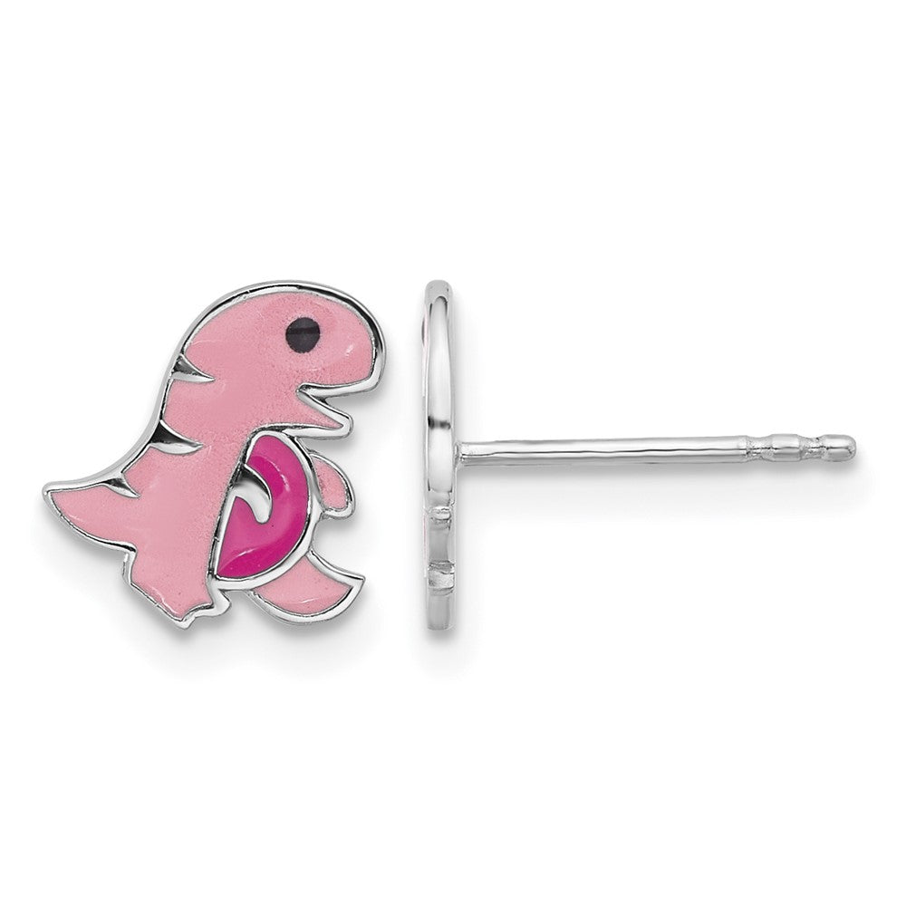 Sterling Silver Rhodium-plated Pink Enamel Dinosaur Post Earrings