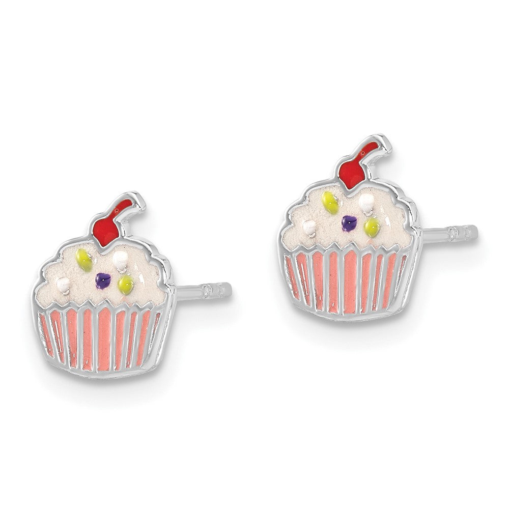 Sterling Silver Rhodium-plated Enamel Cupcake Post Earrings