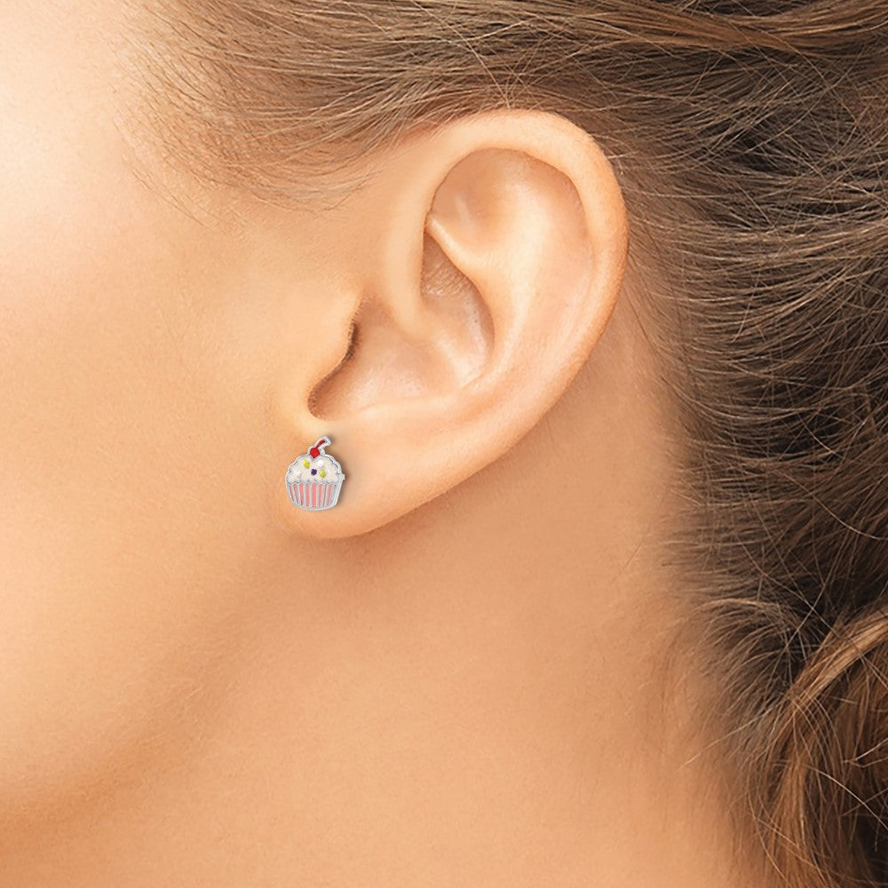 Sterling Silver Rhodium-plated Enamel Cupcake Post Earrings