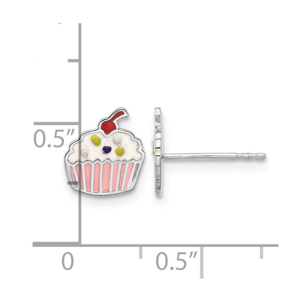 Sterling Silver Rhodium-plated Enamel Cupcake Post Earrings