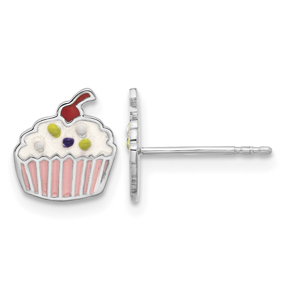 Sterling Silver Rhodium-plated Enamel Cupcake Post Earrings