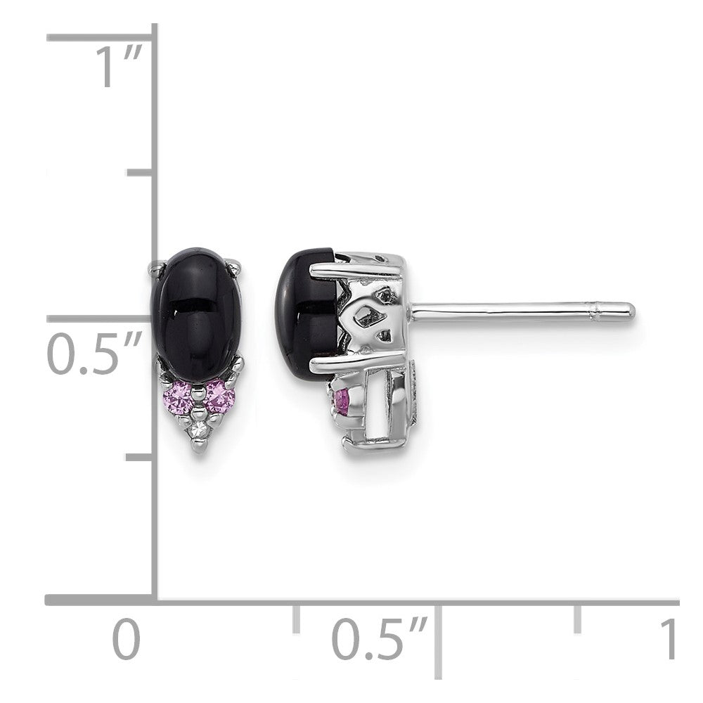 Sterling Silver Rh-plated Black Onyx .08 Cr.Pink Sapphire/Dia. Post Earring