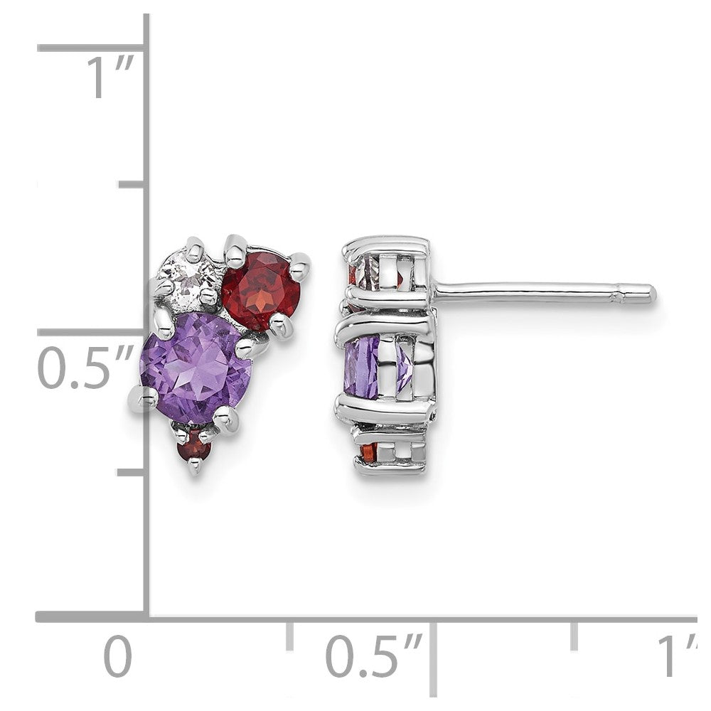 Sterling Silver Rhodium-pl Amethyst Garnet and White Topaz Post Earrings