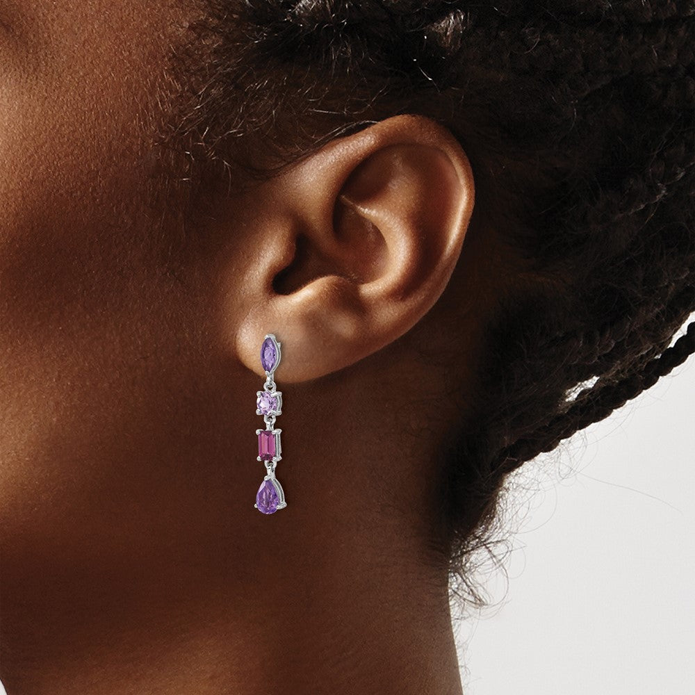 Sterling Silver RH-plated Amethyst Rhodolite Pink Quartz Dangle Earrings