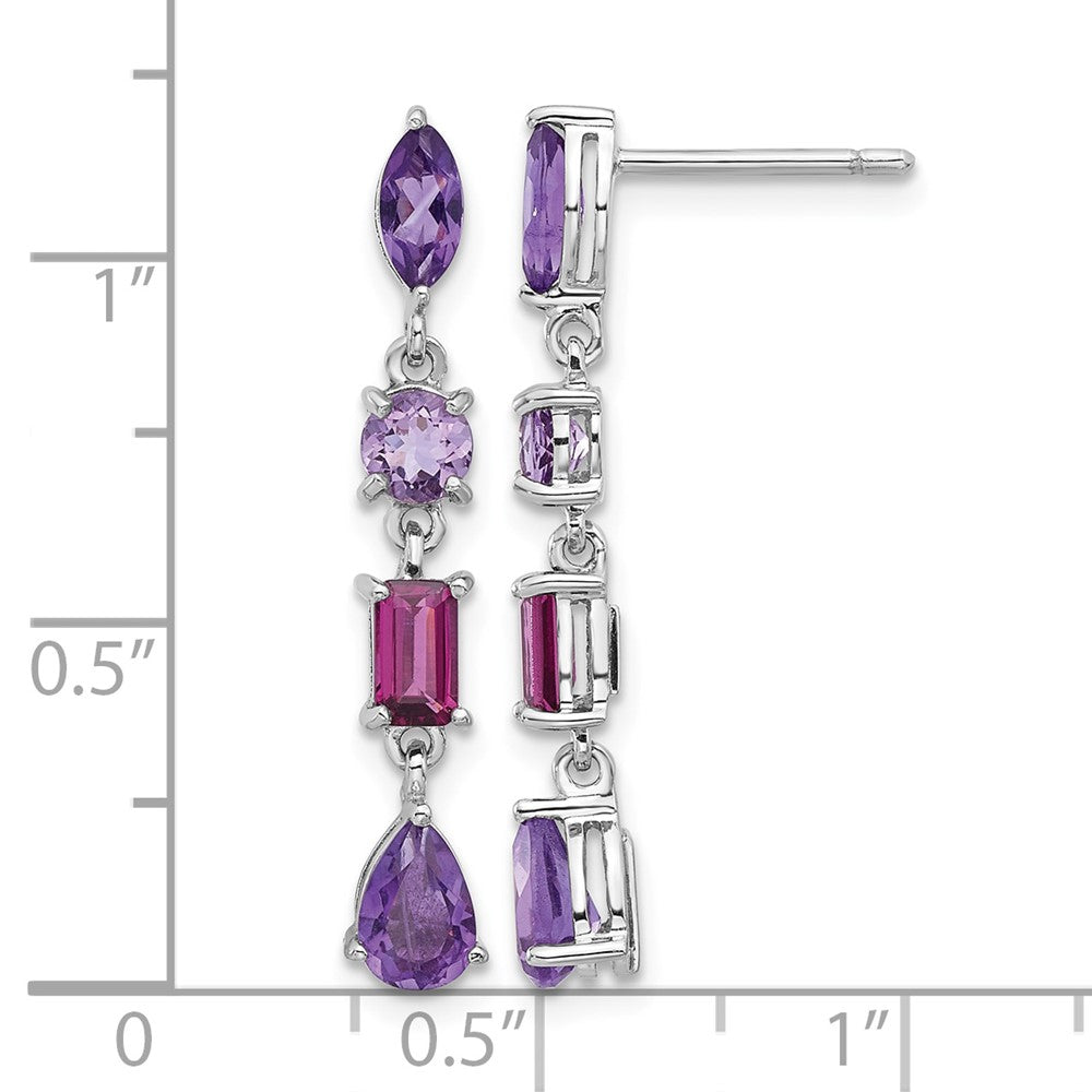Sterling Silver RH-plated Amethyst Rhodolite Pink Quartz Dangle Earrings