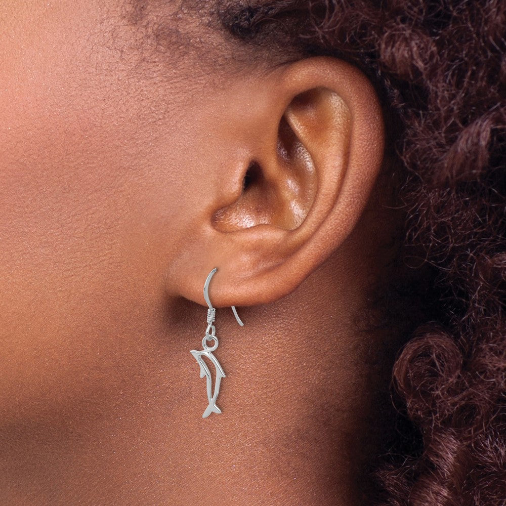 Sterling Silver Rh-plated Polished Dolphin Dangle Earrings