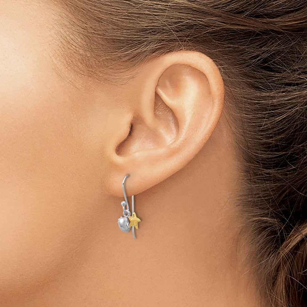 Sterling Silver RH-plated Flash Gold-plated Starfish & Shell Dangle Earring