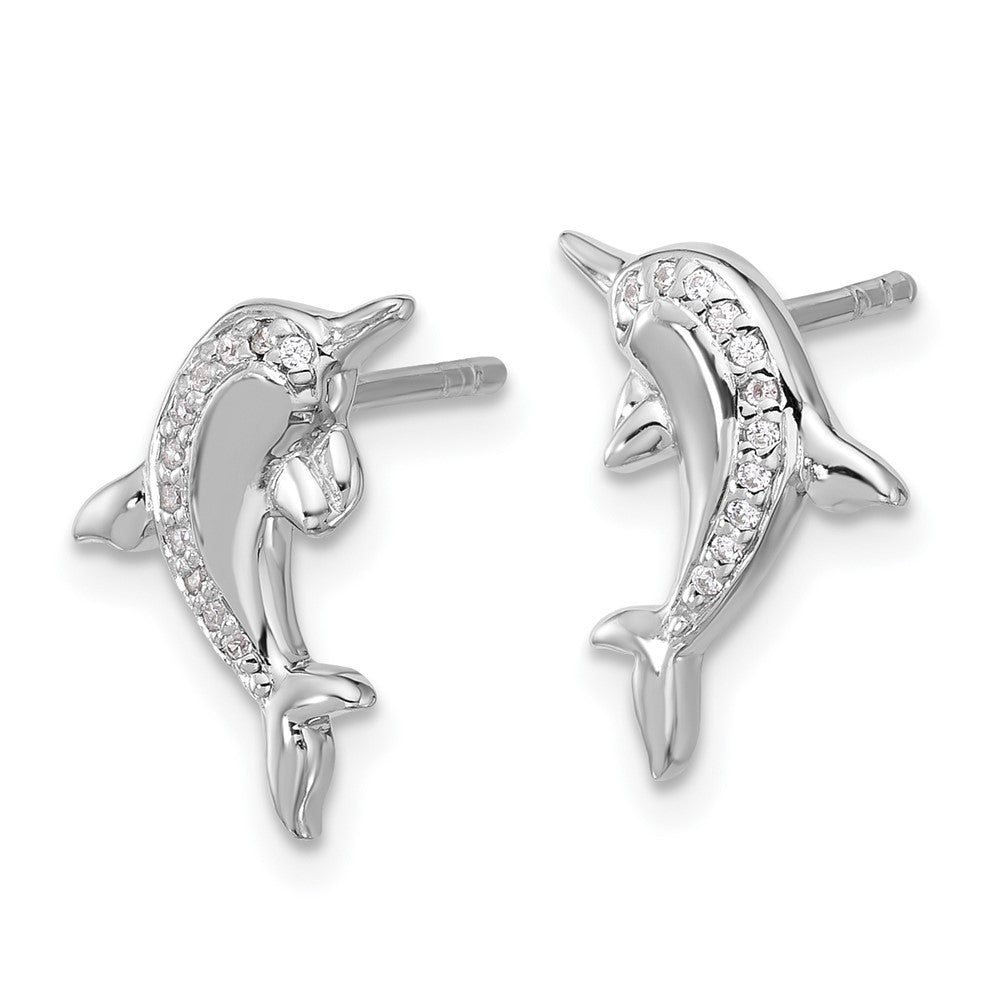 Sterling Silver Rh-plated Polished CZ Dolphin Post Earrings