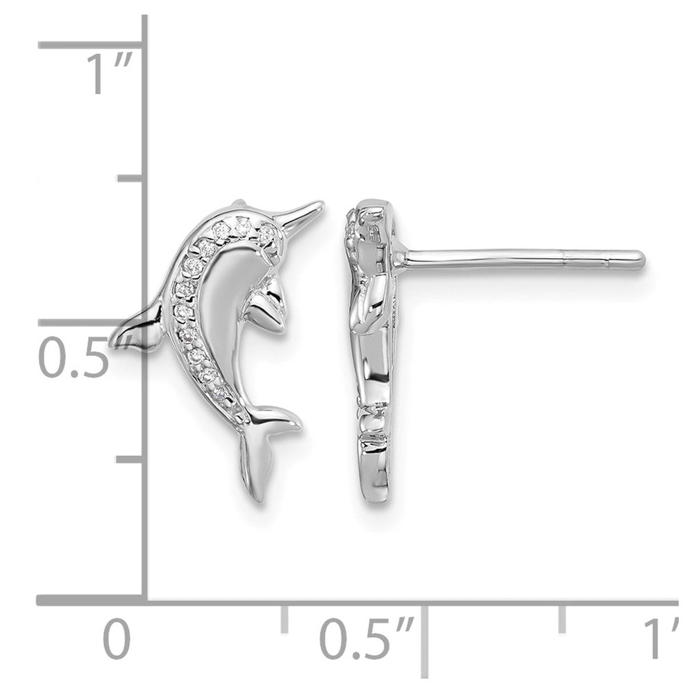 Sterling Silver Rh-plated Polished CZ Dolphin Post Earrings