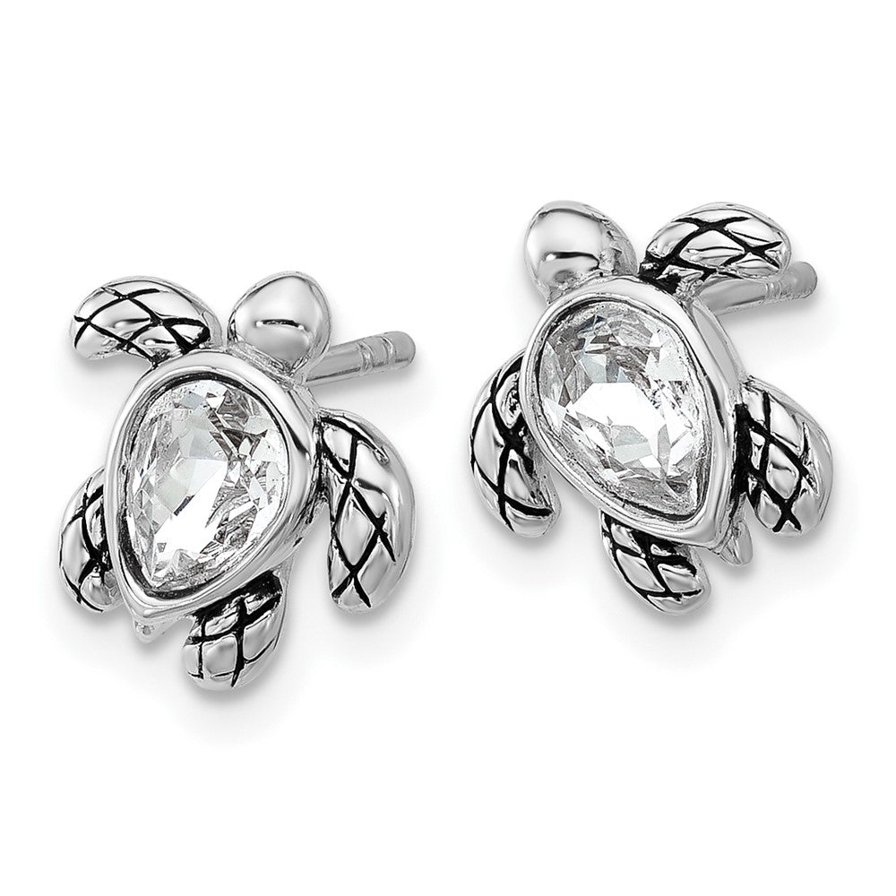 Sterling Silver RH-plated Antiqued Crystal Apr Birthstone Turtle Earrings