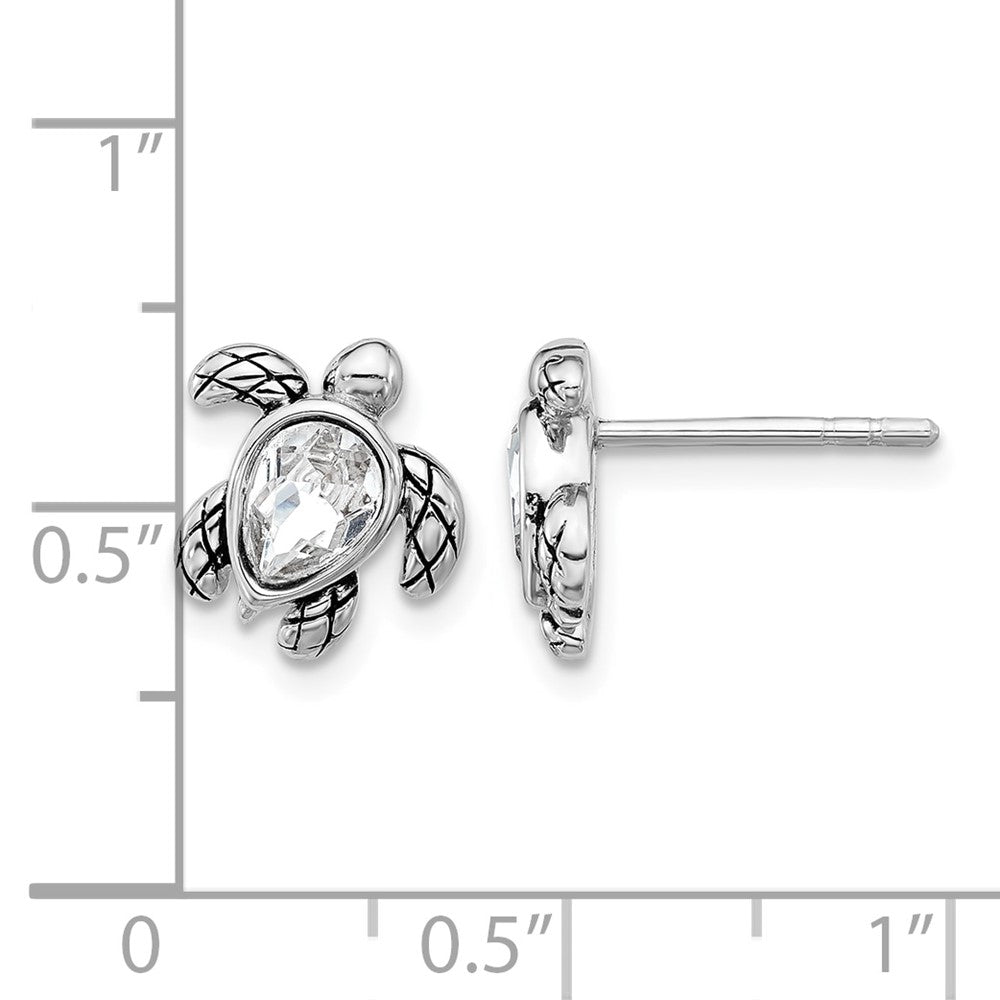 Sterling Silver RH-plated Antiqued Crystal Apr Birthstone Turtle Earrings