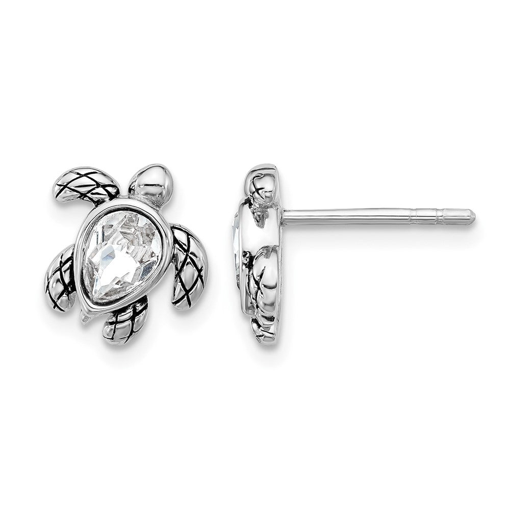 Sterling Silver RH-plated Antiqued Crystal Apr Birthstone Turtle Earrings