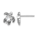 Sterling Silver RH-plated Antiqued Crystal Apr Birthstone Turtle Earrings