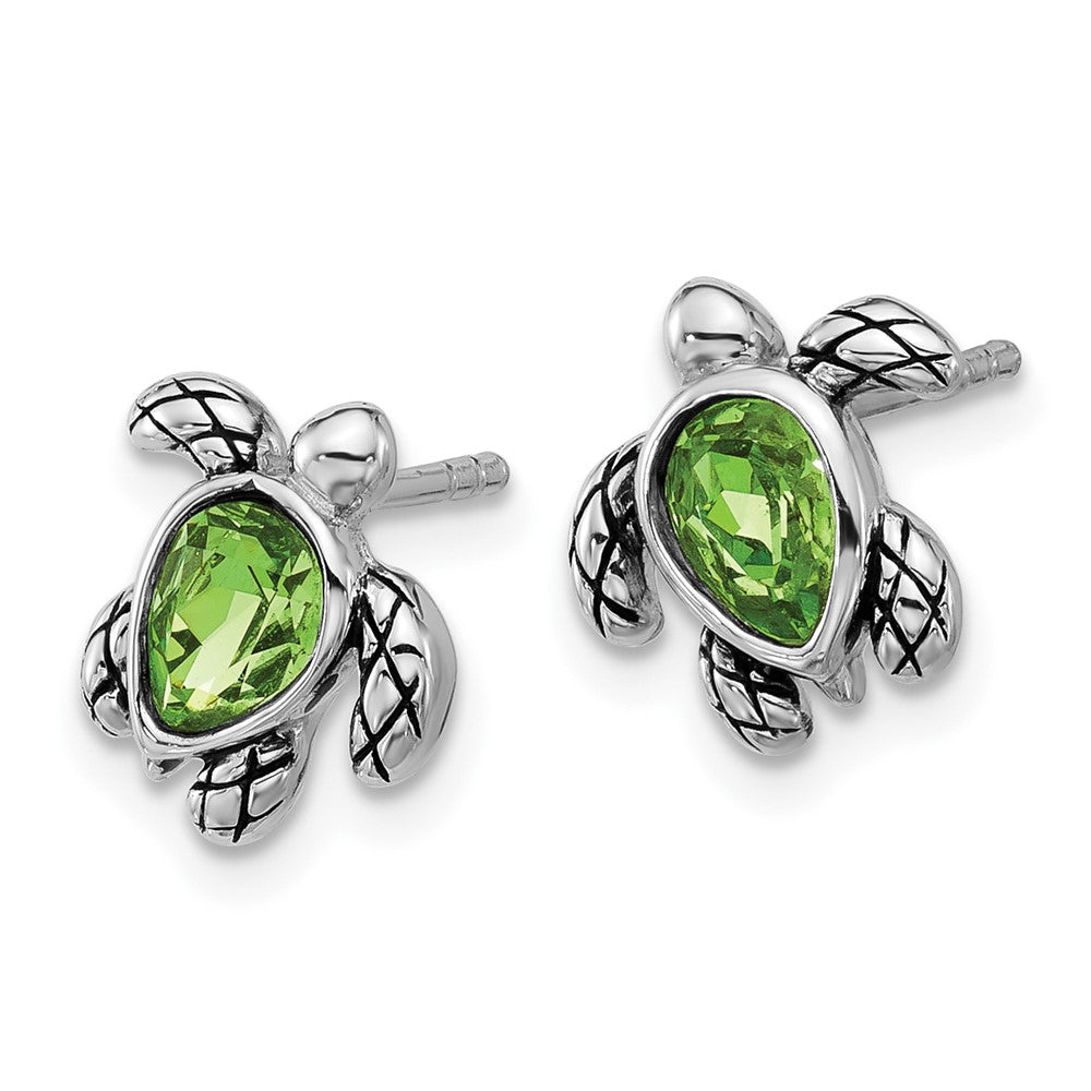 Sterling Silver RH-plated Antiqued Crystal Aug Birthstone Turtle Earrings