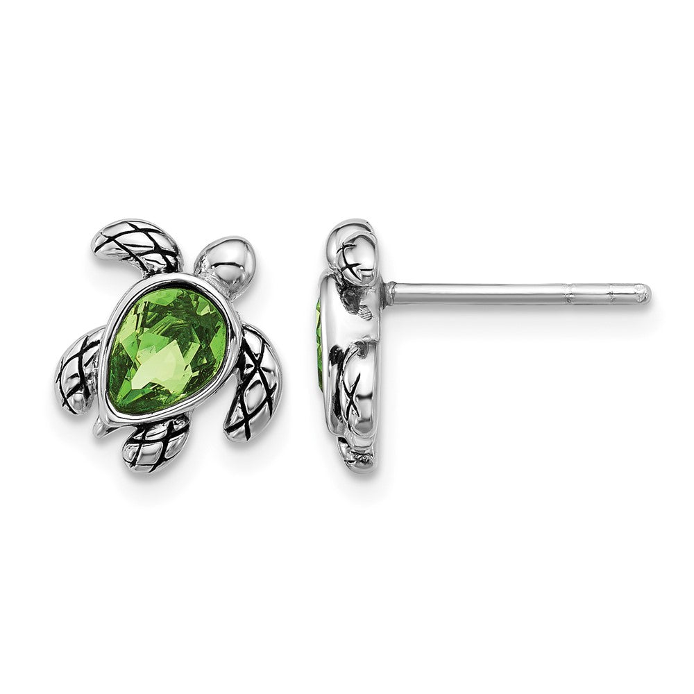 Sterling Silver RH-plated Antiqued Crystal Aug Birthstone Turtle Earrings