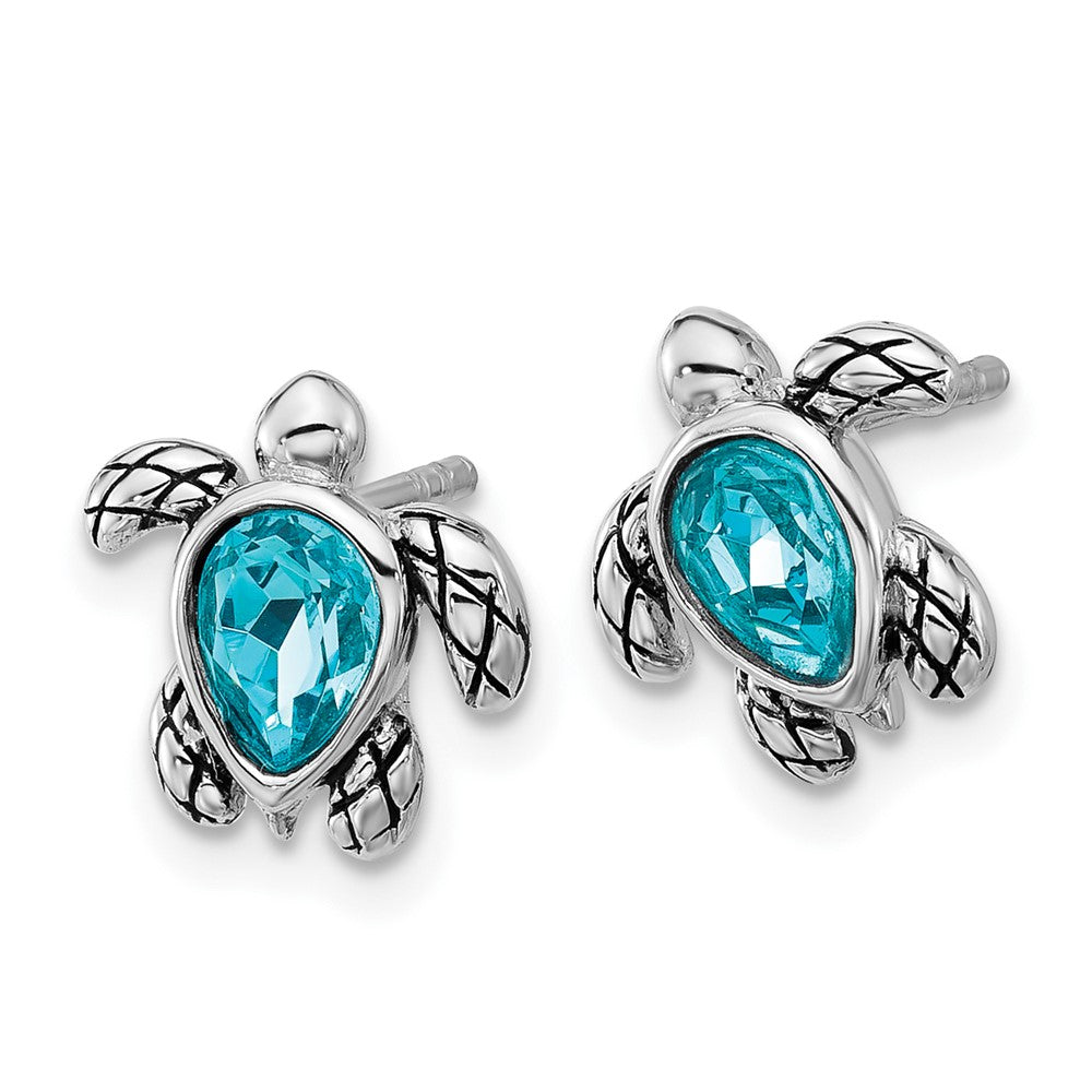 Sterling Silver RH-plated Antiqued Crystal Dec Birthstone Turtle Earrings