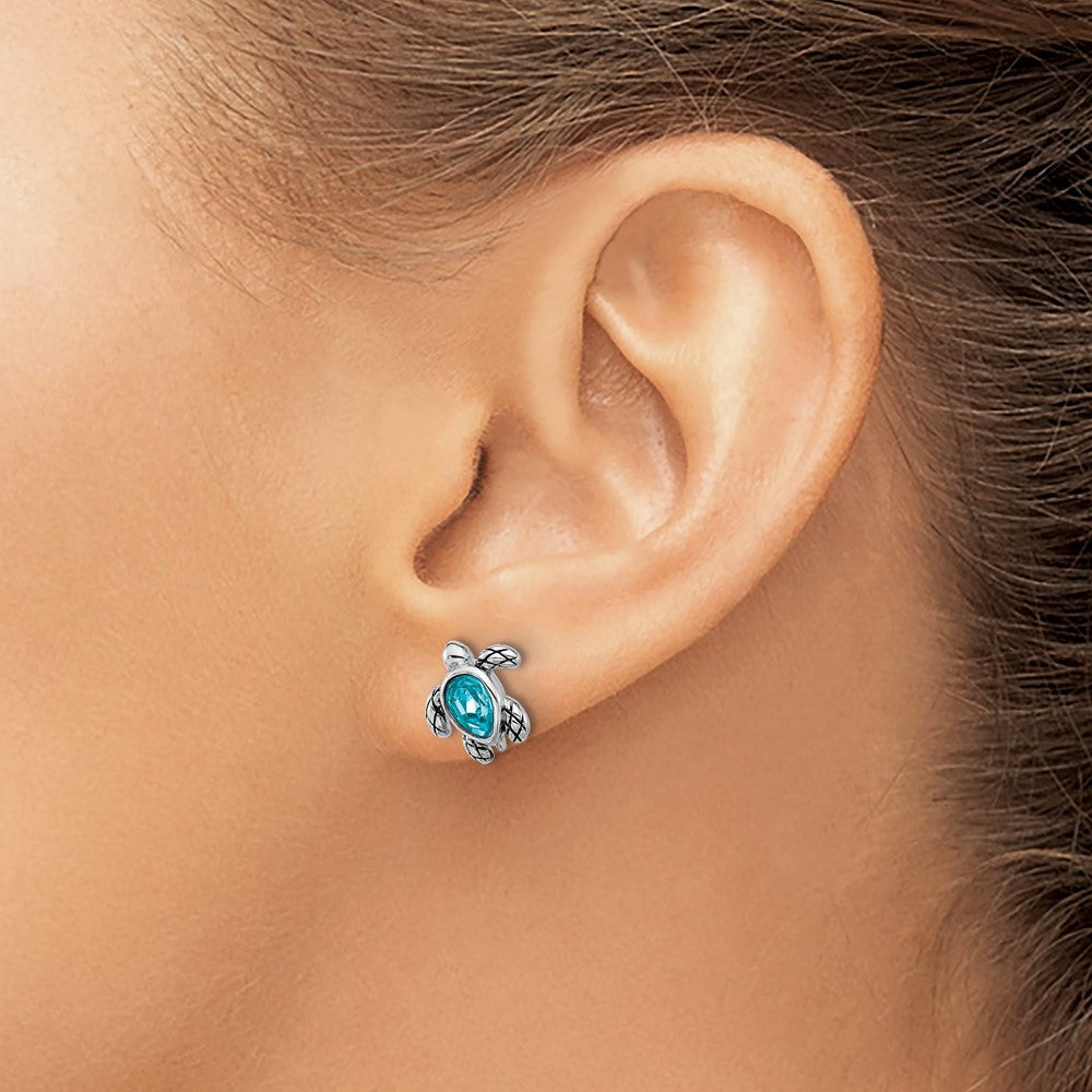 Sterling Silver RH-plated Antiqued Crystal Dec Birthstone Turtle Earrings