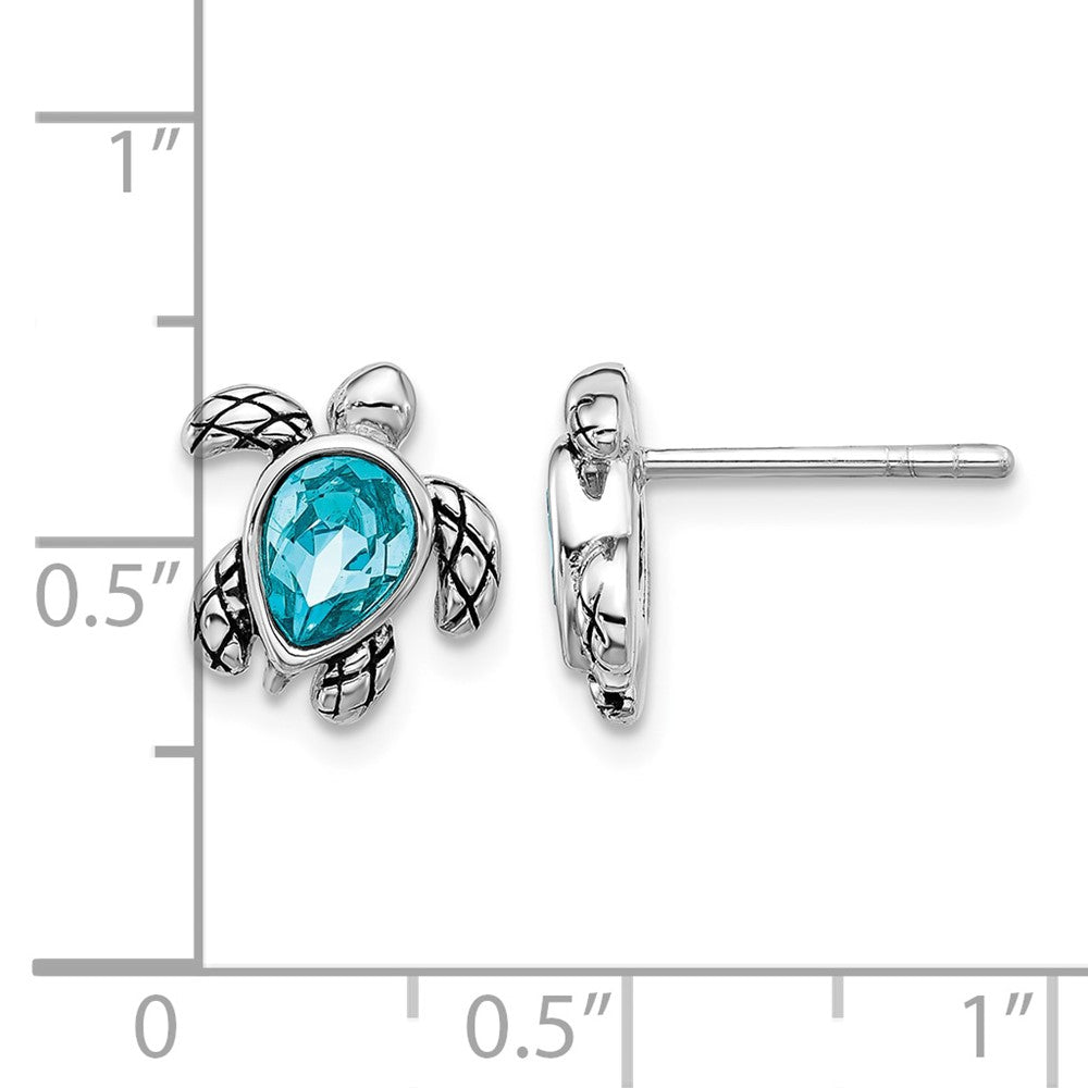 Sterling Silver RH-plated Antiqued Crystal Dec Birthstone Turtle Earrings