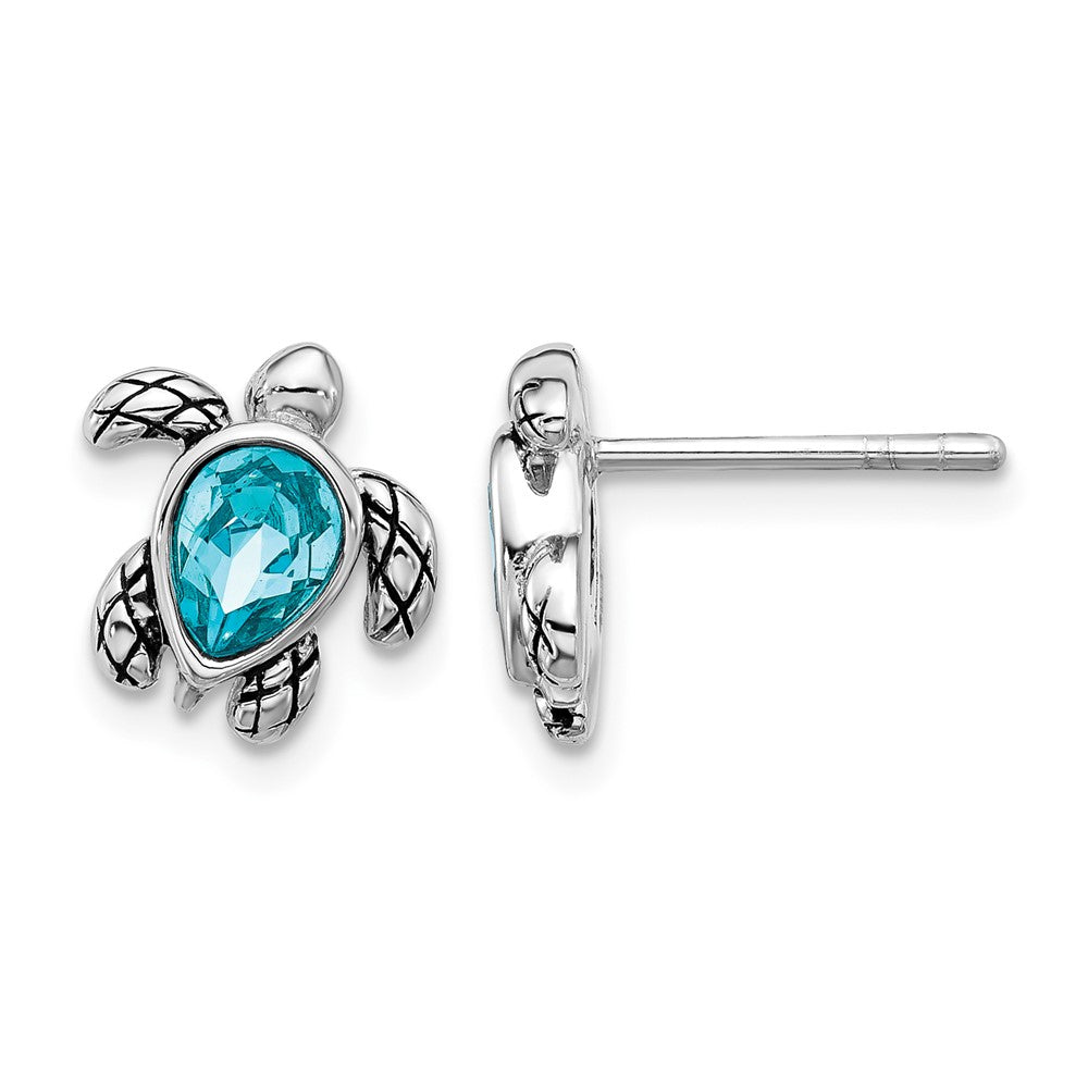Sterling Silver RH-plated Antiqued Crystal Dec Birthstone Turtle Earrings