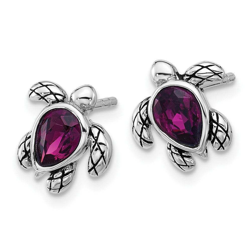 Sterling Silver RH-plated Antiqued Crystal Feb Birthstone Turtle Earrings