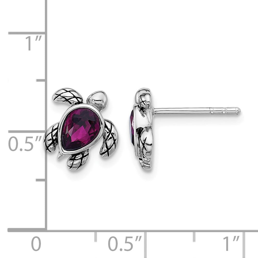 Sterling Silver RH-plated Antiqued Crystal Feb Birthstone Turtle Earrings