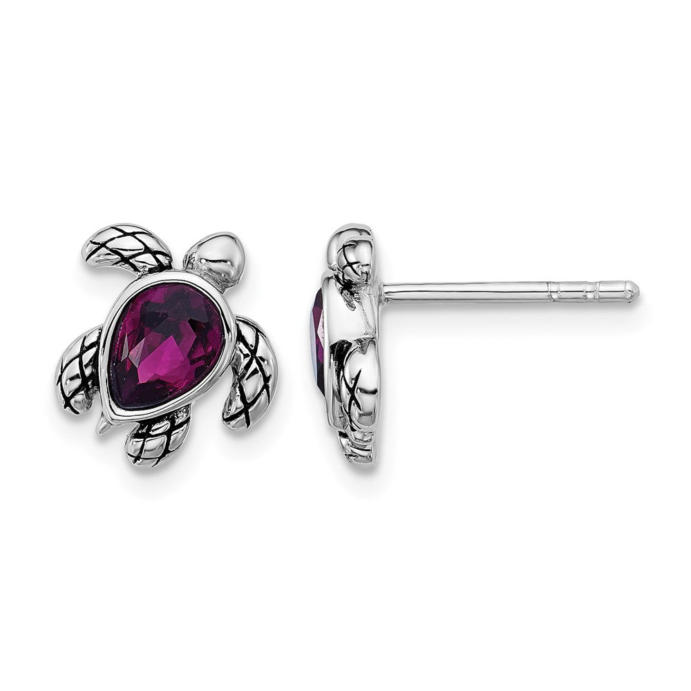 Sterling Silver RH-plated Antiqued Crystal Feb Birthstone Turtle Earrings