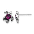 Sterling Silver RH-plated Antiqued Crystal Feb Birthstone Turtle Earrings
