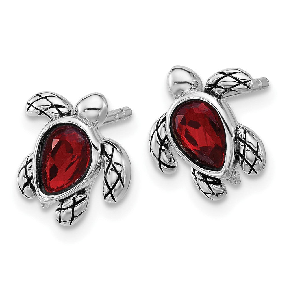 Sterling Silver RH-plated Antiqued Crystal Jan Birthstone Turtle Earrings