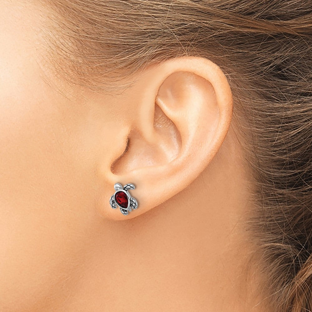 Sterling Silver RH-plated Antiqued Crystal Jan Birthstone Turtle Earrings