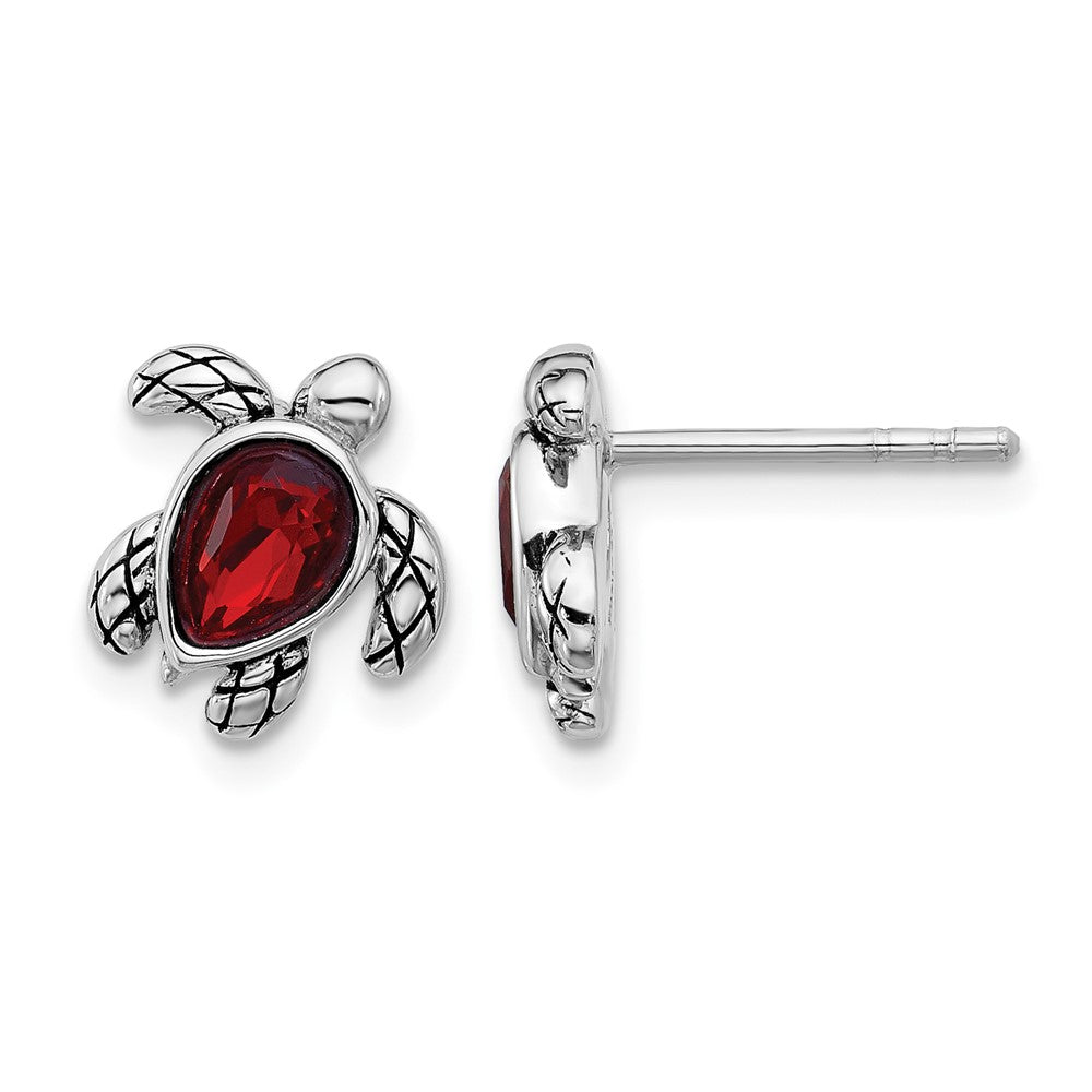 Sterling Silver RH-plated Antiqued Crystal Jan Birthstone Turtle Earrings